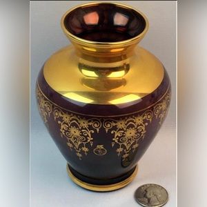 FERRO & LAZZARINI Murano Amethyst/ 22K Gold Art Glass Vase 5.5” ITALY vintage